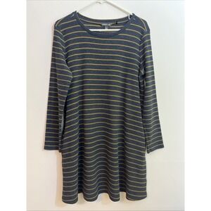 Toad & Co L Dress Blue Tan Stripe Organic Cotton Recycled Polyester Pockets